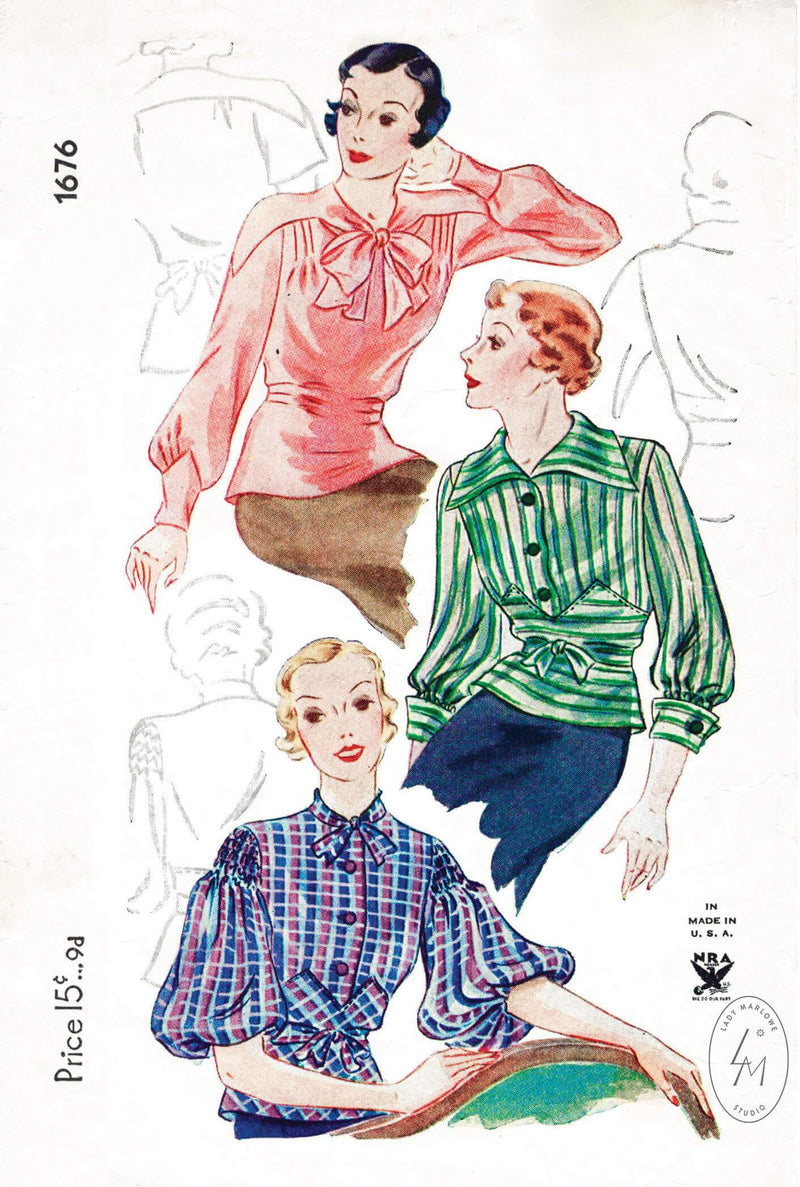 Simplicity 1676 1930s sewing pattern vintage blouse 1930 30s