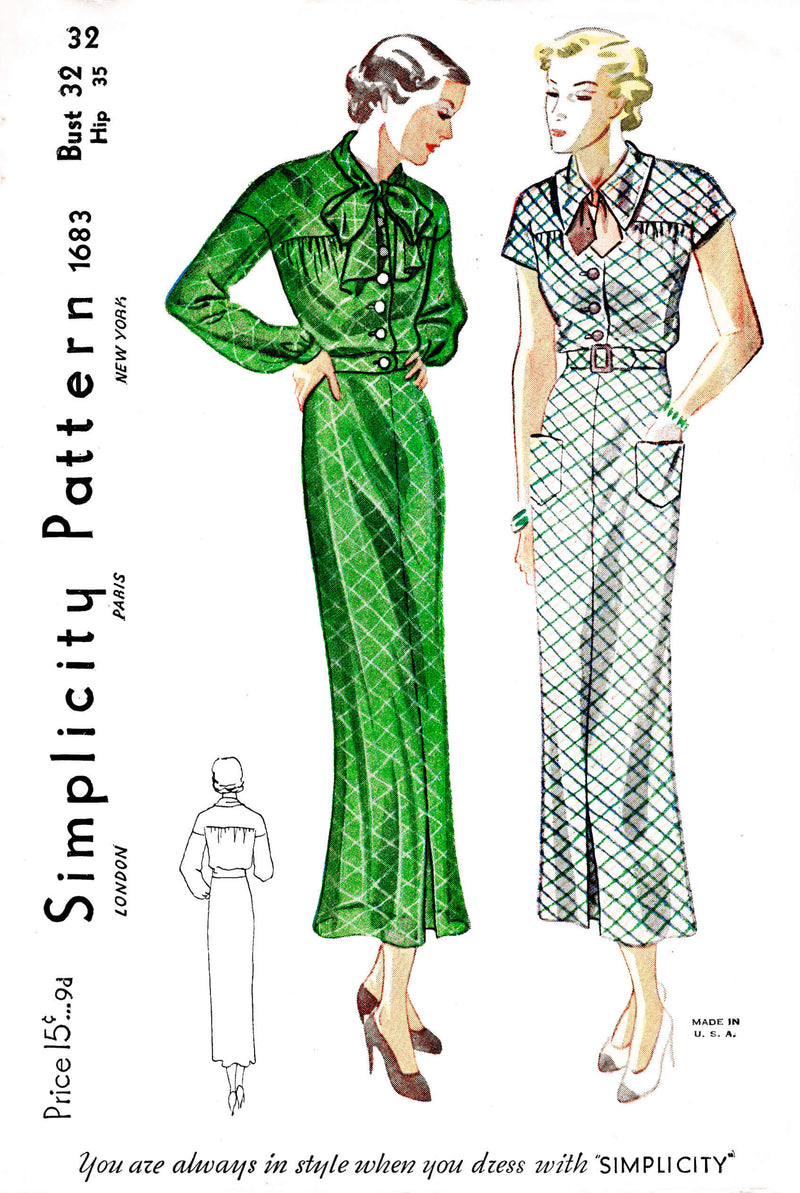 1930s 30s Simplicity 1683 shirt dress bow collar vintage sewing pattern reproduction