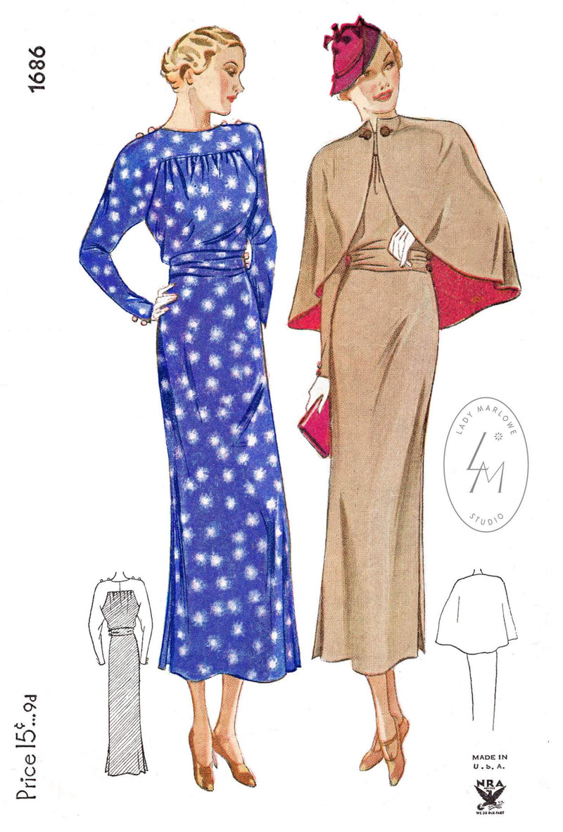 Simplicity 1686 1930s 1935 cape and dress vintage sewing pattern reproduction