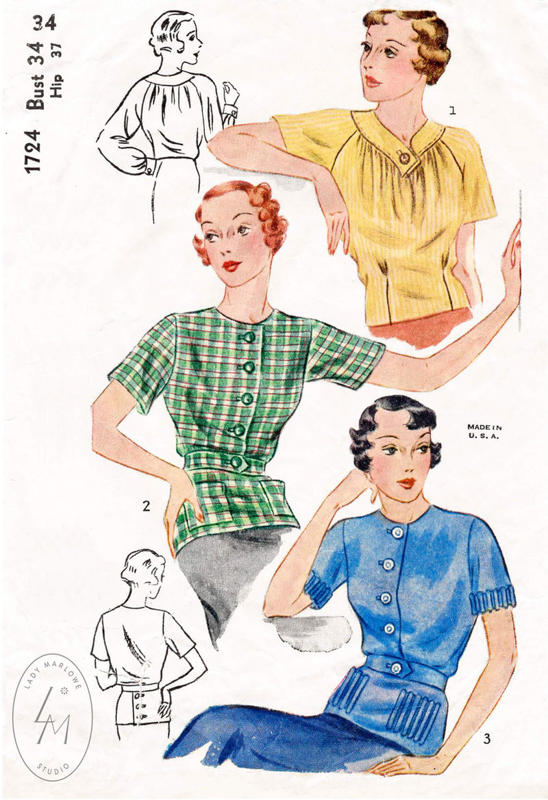 1930s Simplicity 1724 set of blouses tops 1930s vintage sewing pattern reproduction