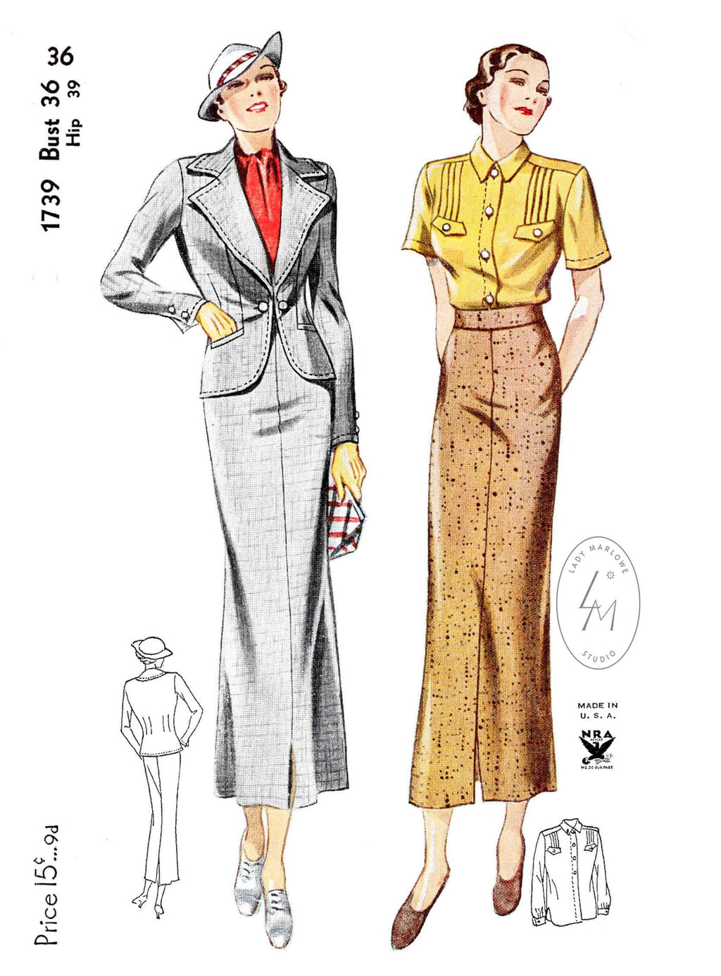 1930s 30s Simplicity 1729 3 piece skirt suit vintage sewing pattern reproduction