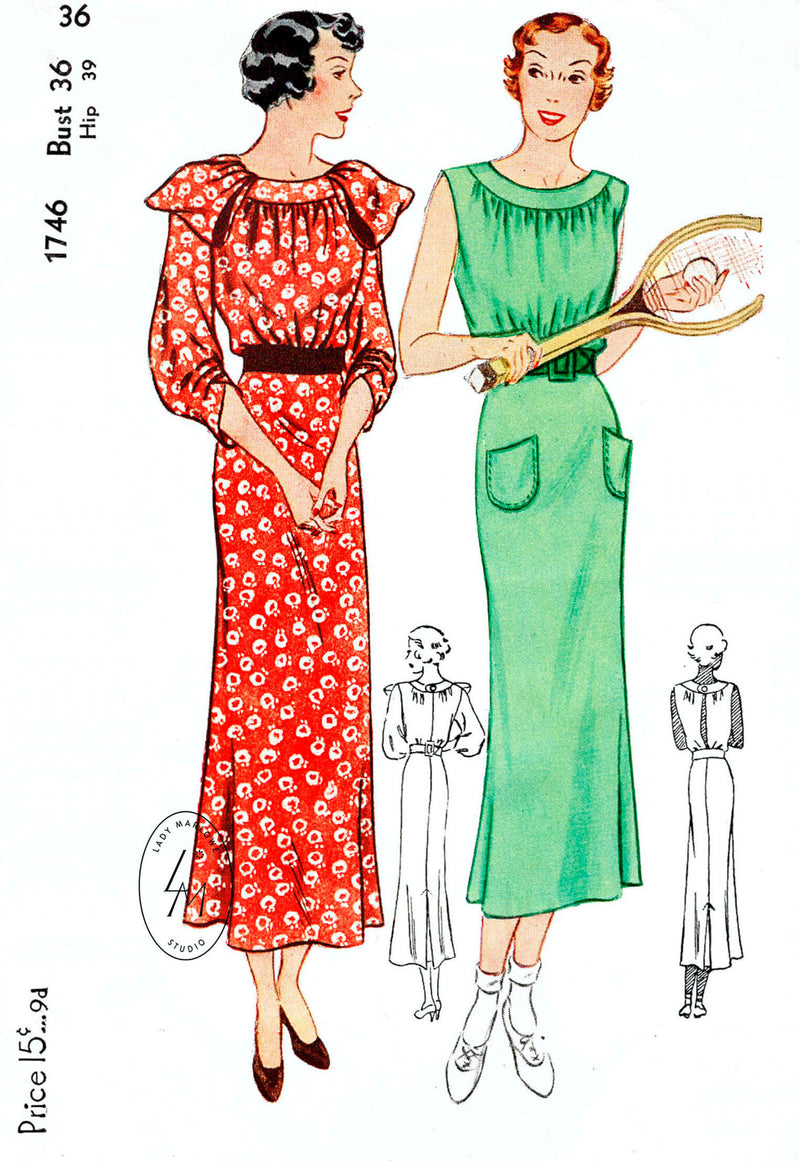 1930s 30s Simplicity 1746 vintage sportswear sports dress round neckline loop detail vintage sewing pattern reproduction
