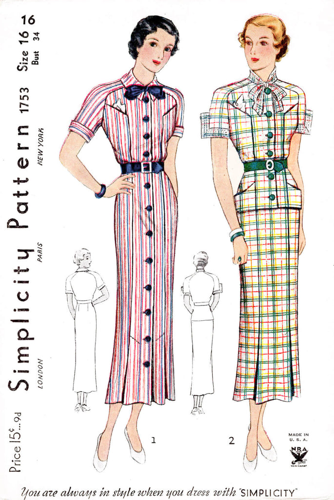 1930s Simplicity 1753 day dress peplum blouse pencil skirt vintage sewing pattern reproduction