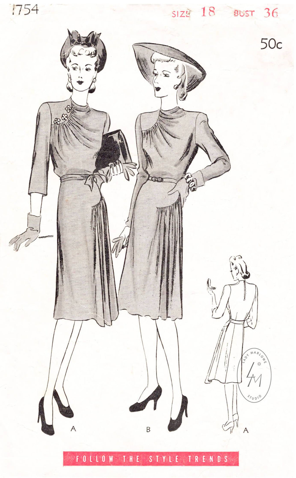 1940s dress vintage sewing pattern Butterick 1754 draped collar curved seams reproduction