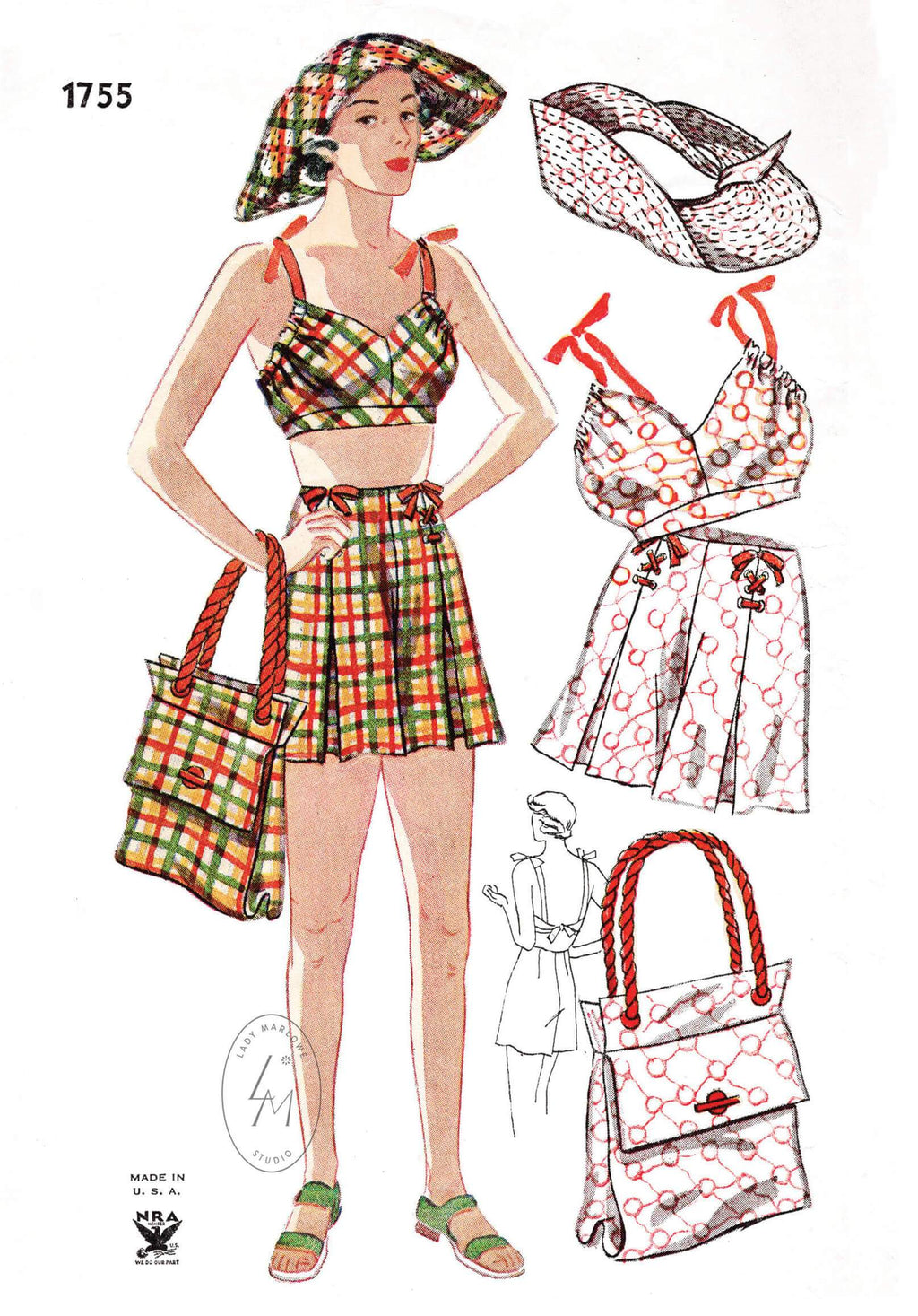Simplicity 1755 1930s beachwear 4 piece set bra top, high waist shorts, hat, bag vintage sewing pattern reproduction