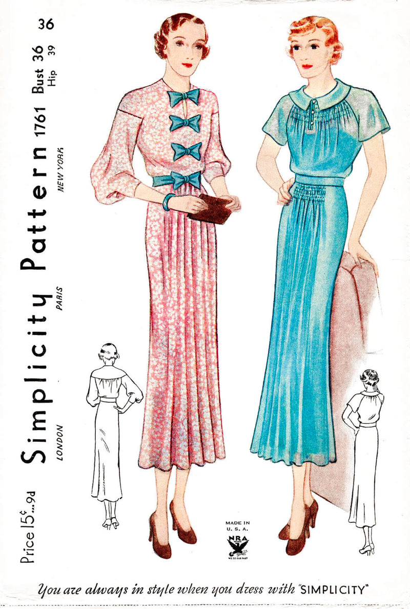 1930s 30s Simplicity 1761 drop shoulder or raglan sleeves shirring and bow detail dress vintage sewing pattern reproduction