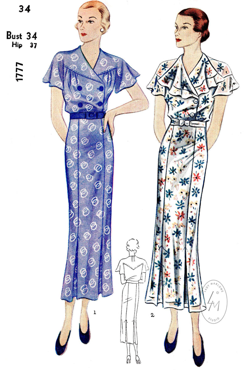 1930s 30s day dress in 2 styles Simplicity 1777 flutter sleeves double or single breasted bodice vintage sewing pattern reproduction