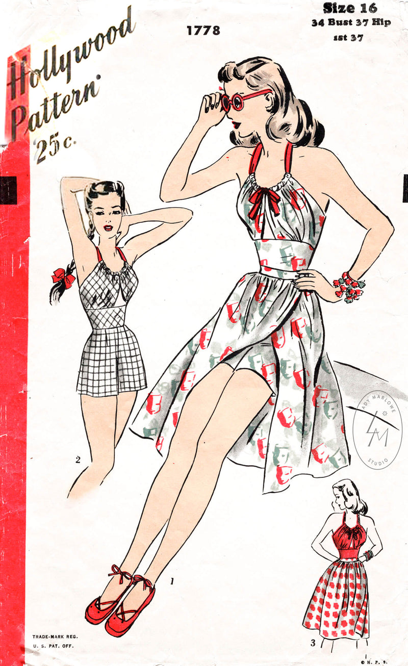 Hollywood 1778 1940s beachwear vintage sewing pattern repo playsuit romper and wrap skirt