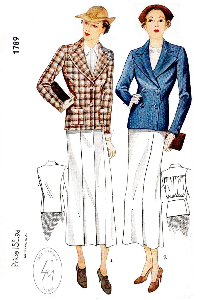 1930s 30s Simplicity 1789 single or double breasted jacket vintage sewing pattern reproduction