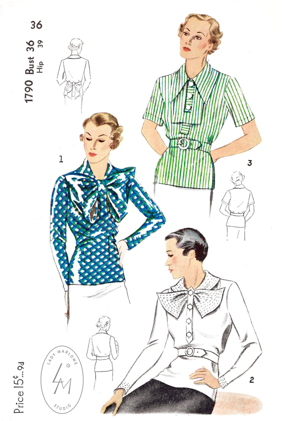 1930s 30s set of blouses Simplicity 1790 3 styles chelsea collar decorative stitching vintage sewing pattern reproduction