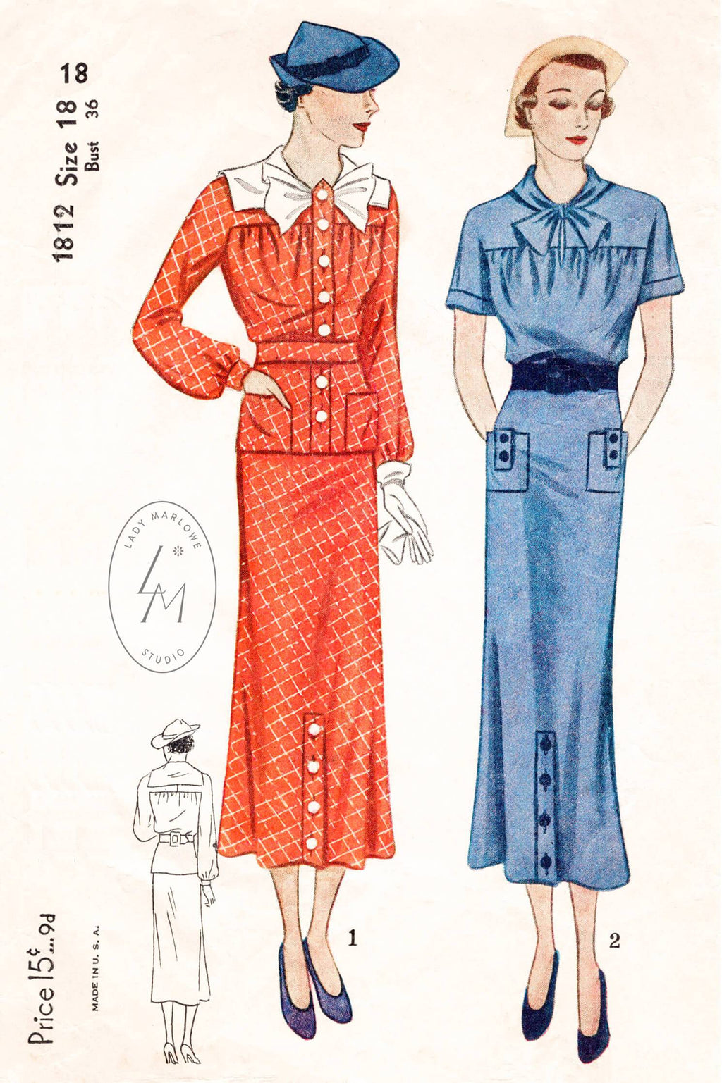 Simplicity 1812 vintage sewing pattern 1930s 30s dress blouse & skirt
