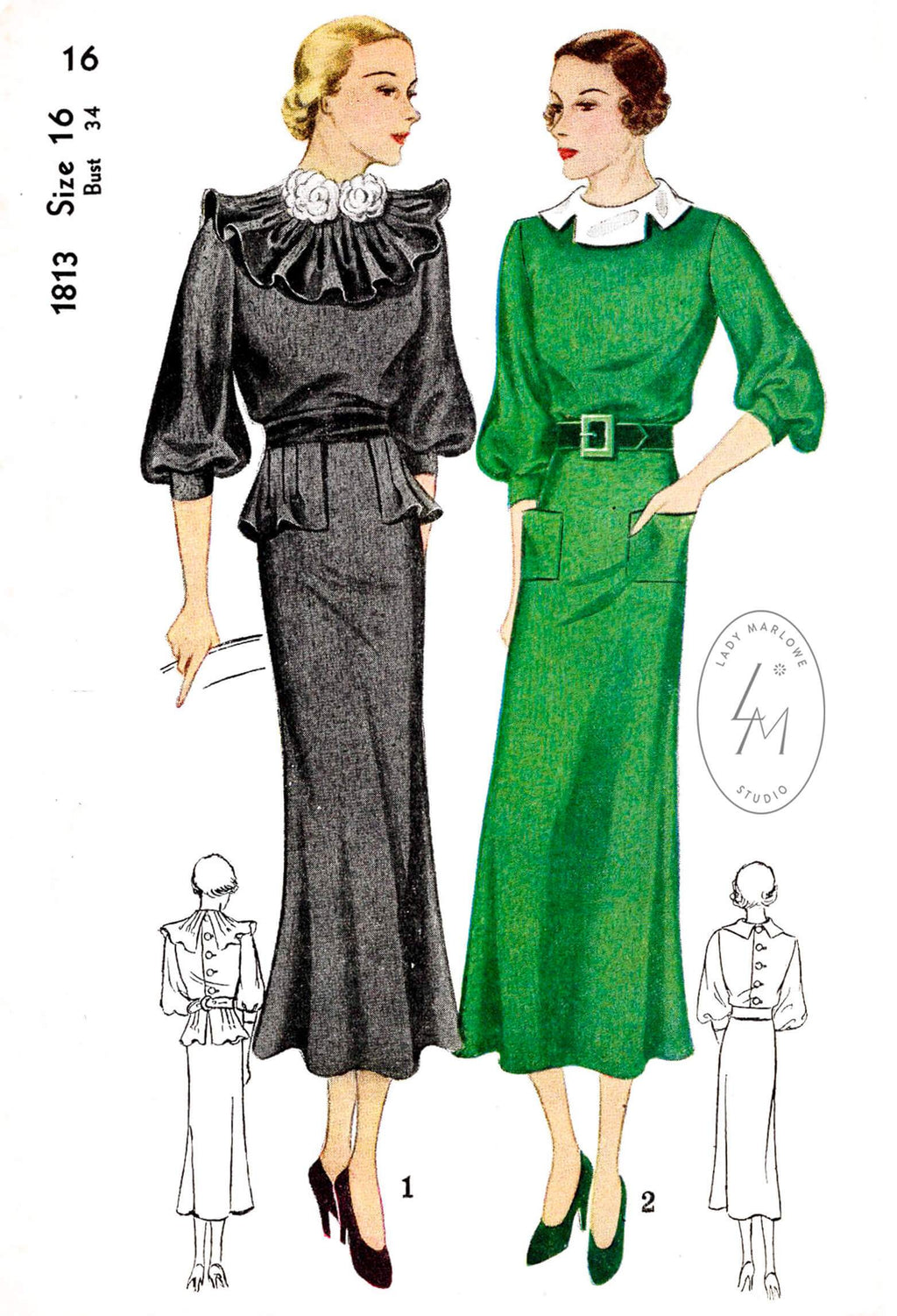 1930s 30s Simplicity 1813 day or afternoon dress ruffle collar elbow length bishop sleeves vintage sewing pattern reproduction
