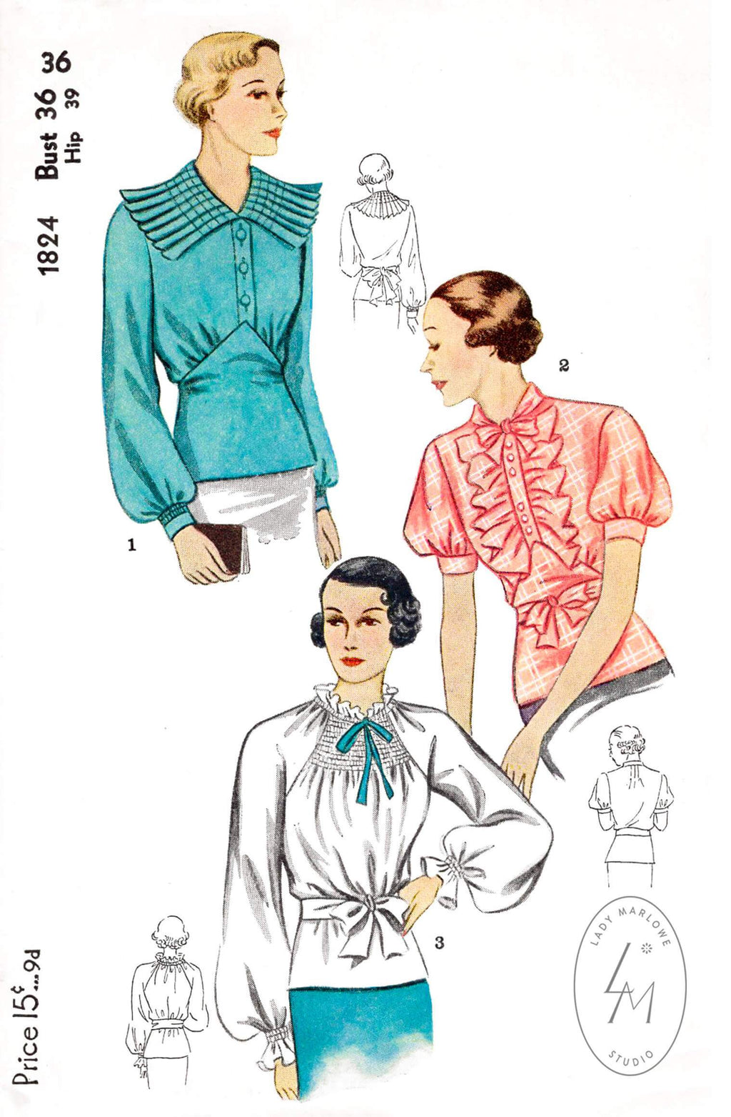 1930s 1938 Simplicity 1824 set of blouses 3 styles accordion pleat collar raglan sleeves puff sleeves ruffles vintage sewing pattern reproduction