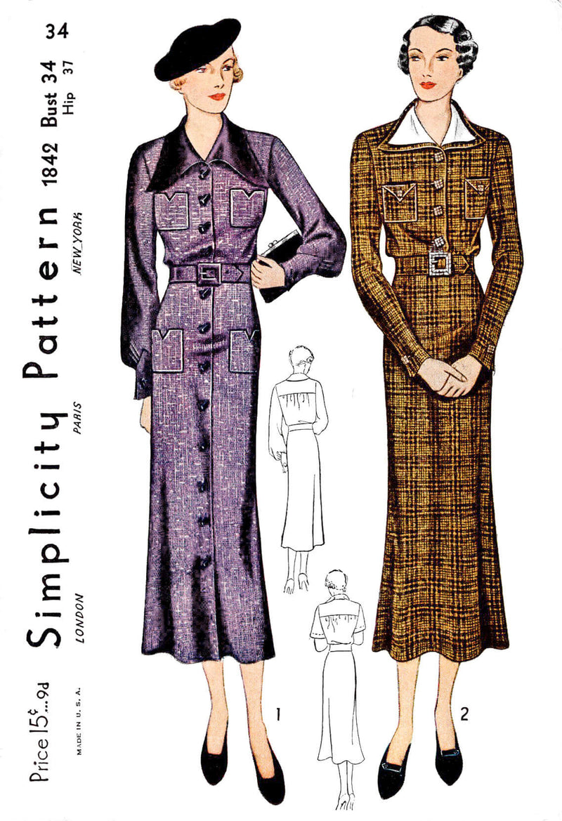 1930s 30s dress Simplicity 1842 point collar art deco details vintage sewing pattern reproduction