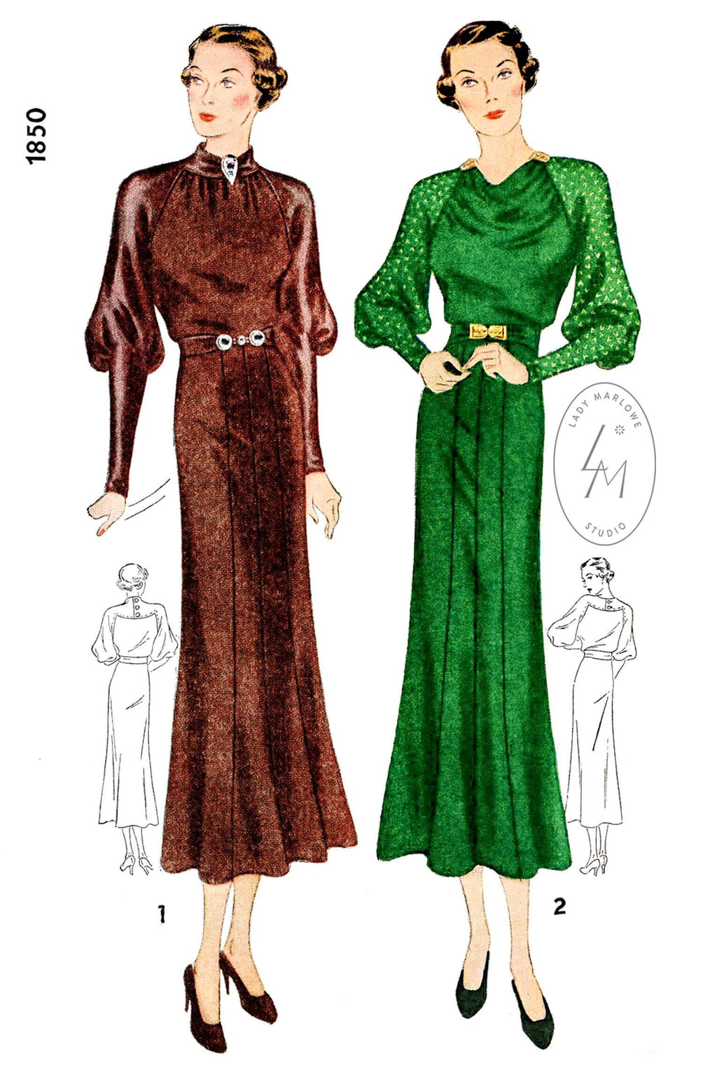 1930s 30s Simplicity 1850 art deco dress raglan sleeves draped neckline vintage sewing pattern reproduction