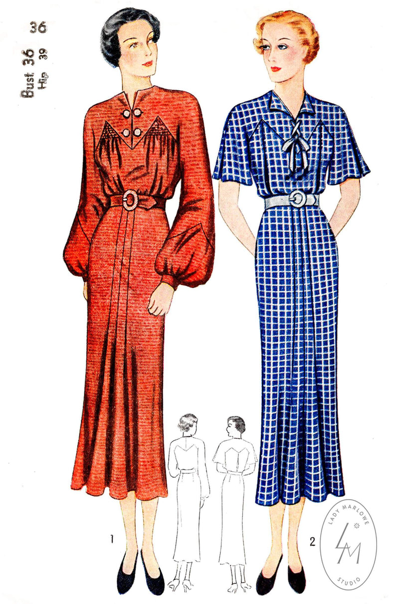 1930s 30s Simplicity 1893 art deco dress 2 styles lantern sleeves shirring detail art deco seams vintage sewing pattern reproduction