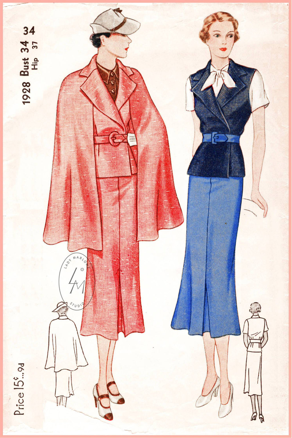Simplicity 1928 1930s vintage sewing pattern 1930 30s skirt suit jacket vest cape 