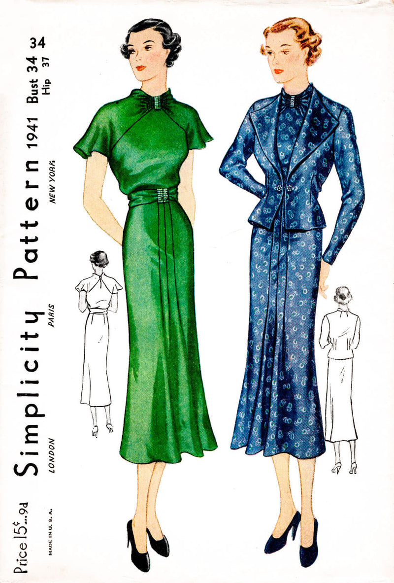 1930s 30s Simplicity 1941 flutter sleeve dress suit jacket ensemble vintage sewing pattern reproduction