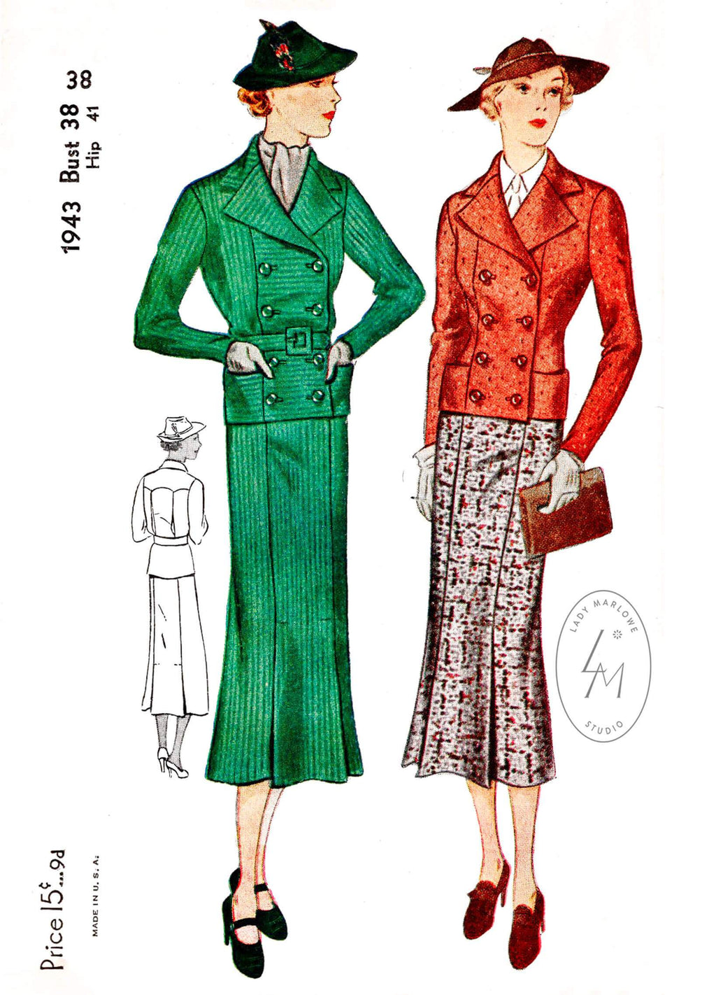 1930s 30s Simplicity 1943 2 piece suit and skirt ensemble double breasted jacket gored skirt vintage sewing pattern reproduction