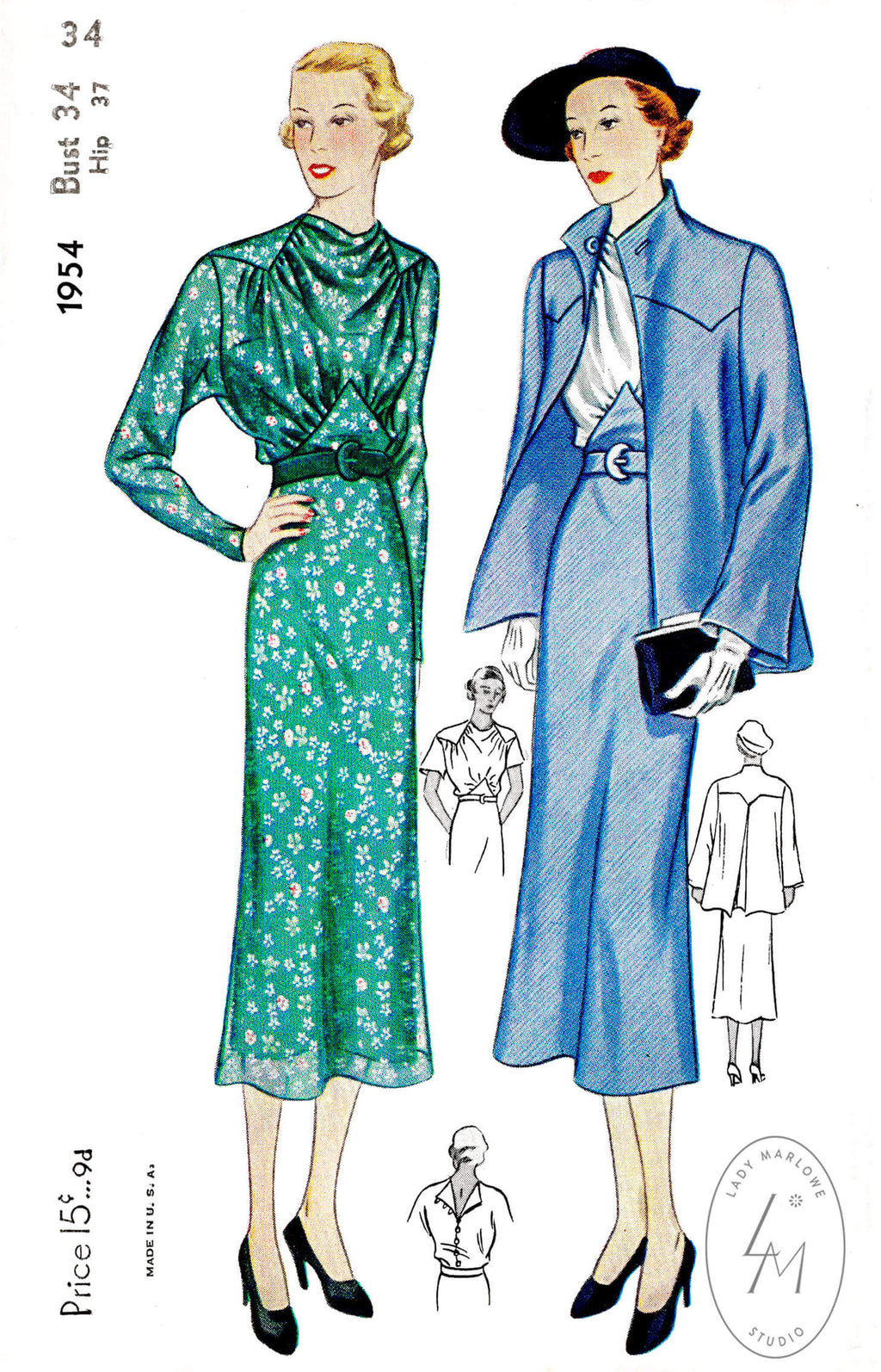 1930s 30s Simplicity 1954 art deco dress box jacket vintage sewing pattern reproduction