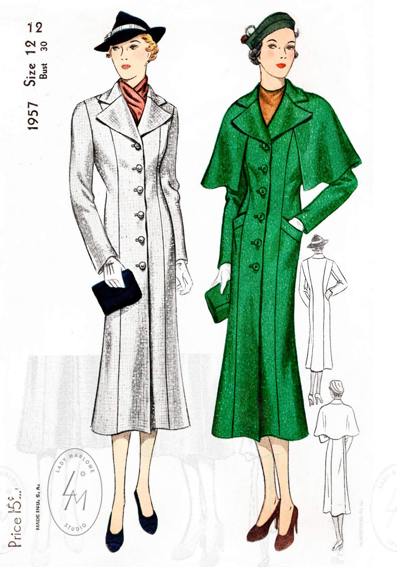 1930s 30s Simplicity 1957 princess seam coat detachable cape capelet vintage sewing pattern reproduction