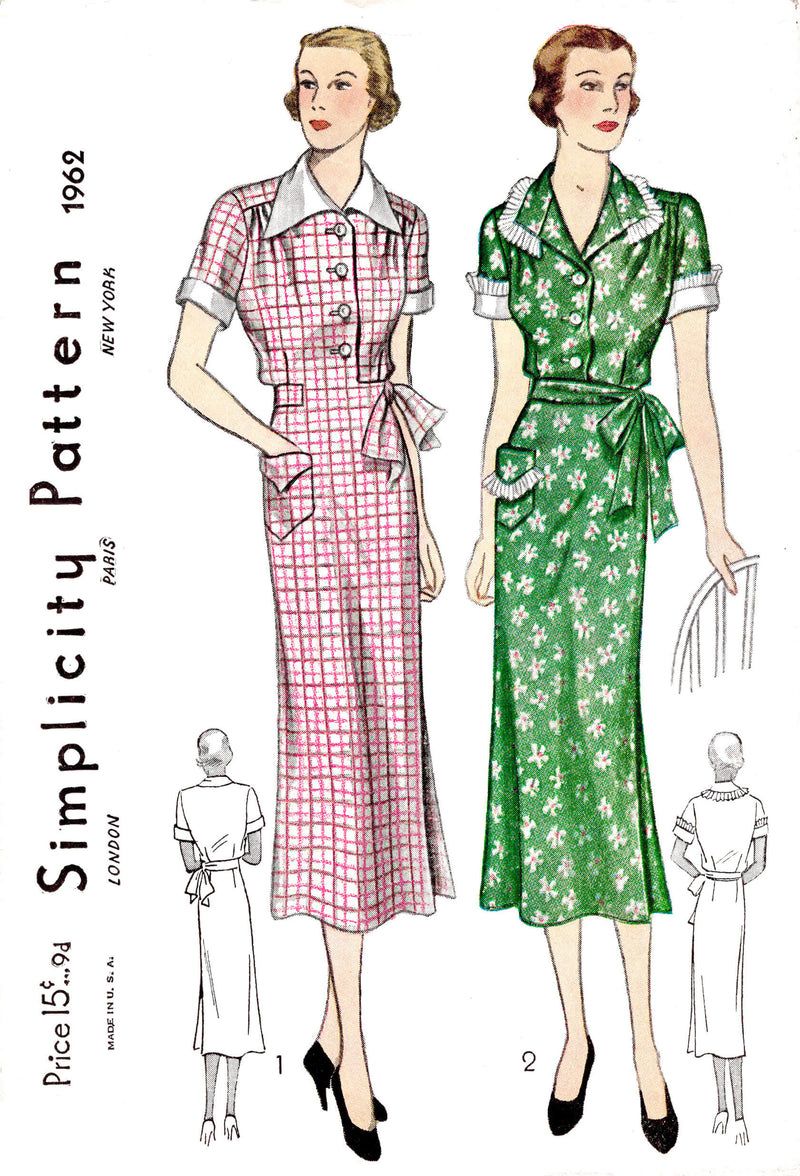 1930s 30s apron dress Simplicity 1962 work dress wrap skirt vintage sewing pattern reproduction