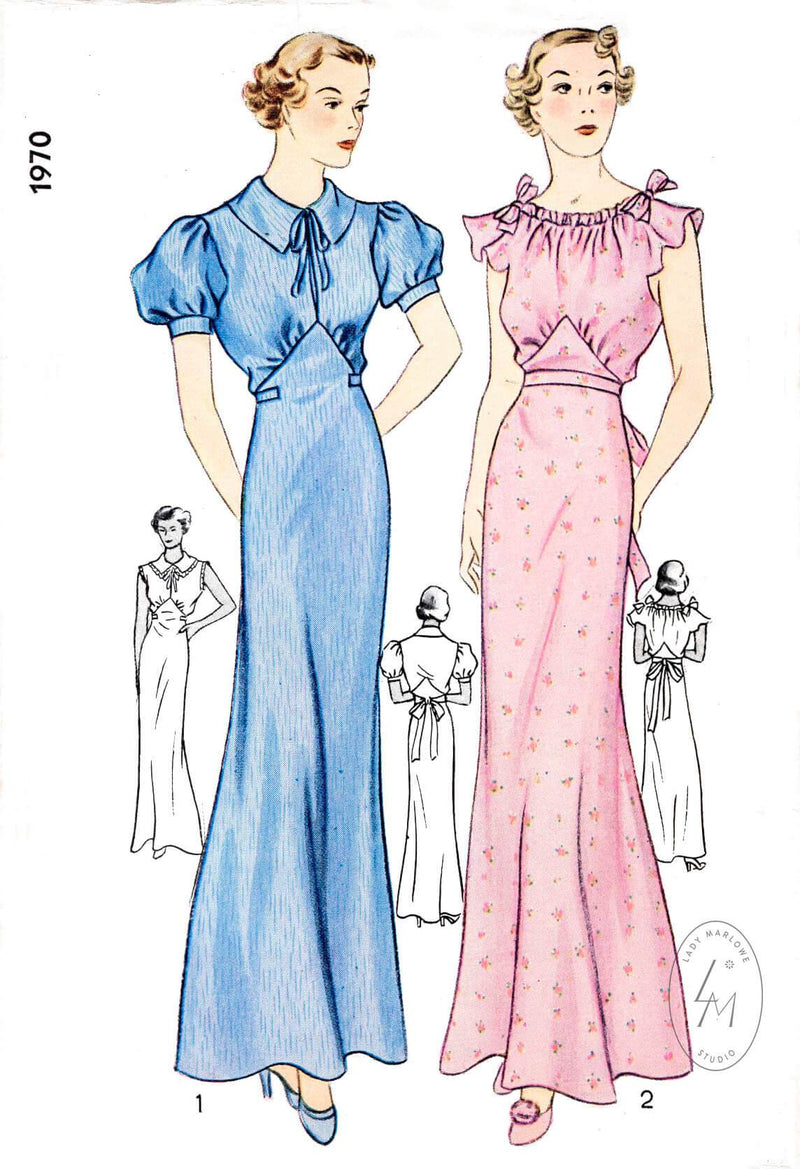 Simplicity 1970 1930s 1936 evening negligee flutter sleeves vintage sewing pattern reproduction