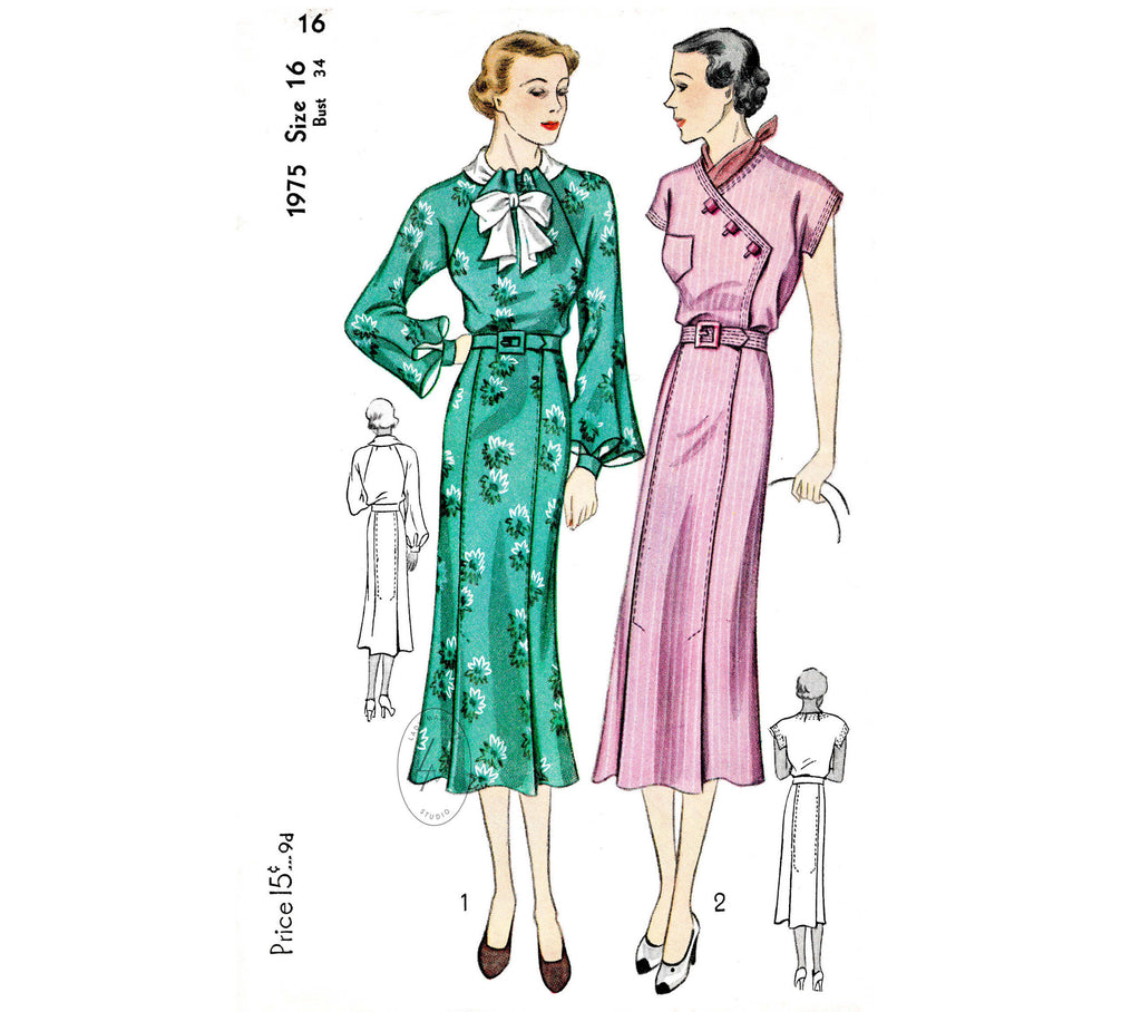 1930s 30s Simplicity 1975 art deco dress 2 styles ruffle sleeves raglan cut bow collar vintage sewing pattern reproduction