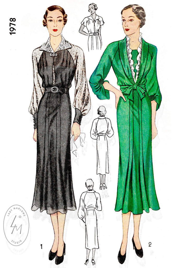 1930s 30s Simplicity 1978 art deco dress in 2 styles raglan bishop sleeves shirring detail vintage sewing pattern reproduction