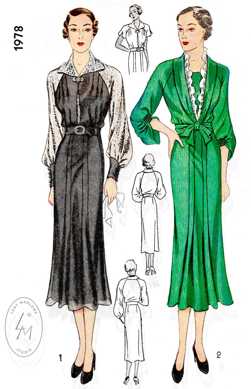 1930s 30s Simplicity 1978 art deco dress in 2 styles raglan bishop sleeves shirring detail vintage sewing pattern reproduction