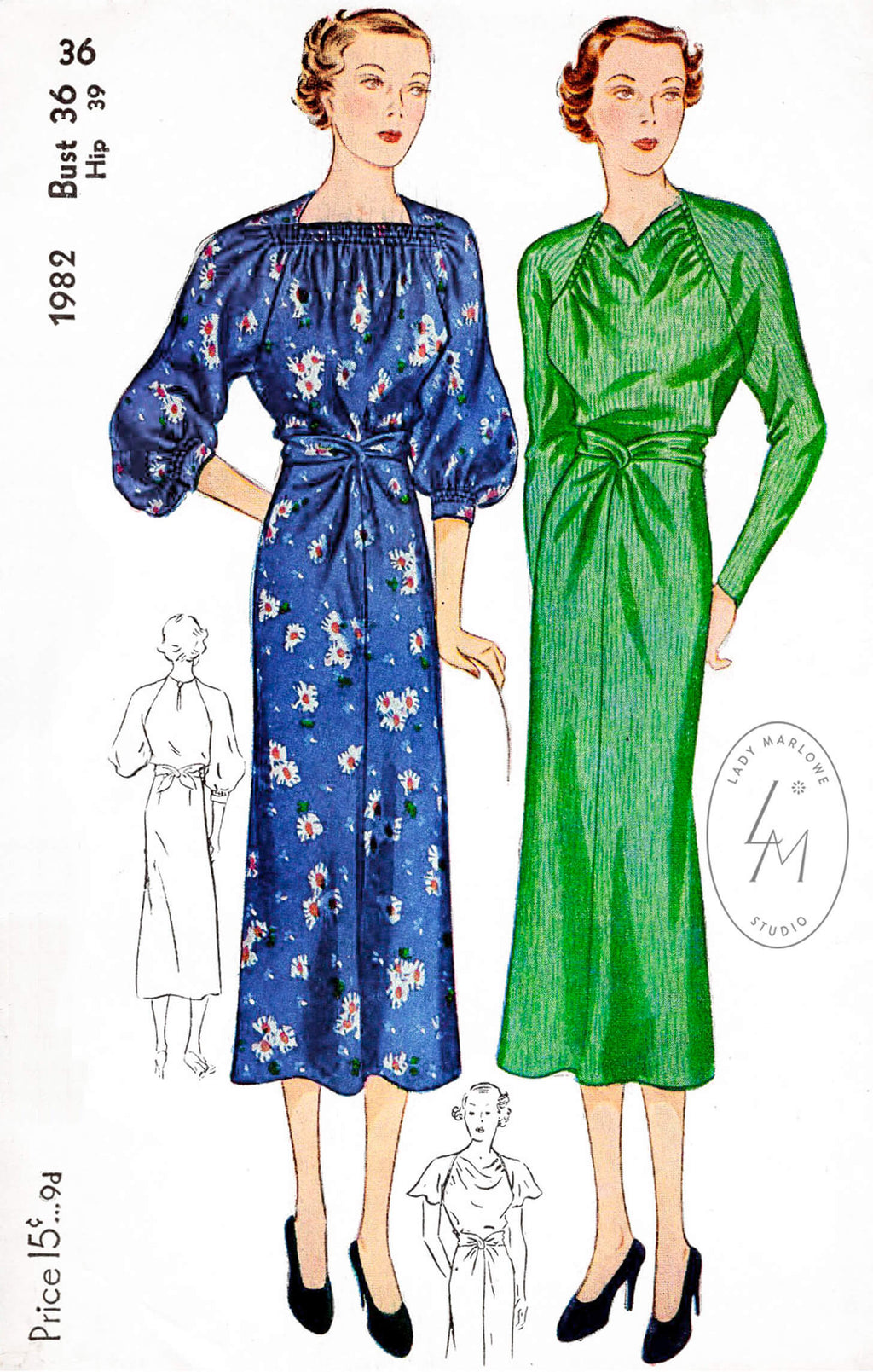 1930s 30s Simplicity 1982 art deco dress in two styles shirred bodice bishop sleeves vintage sewing pattern reproduction