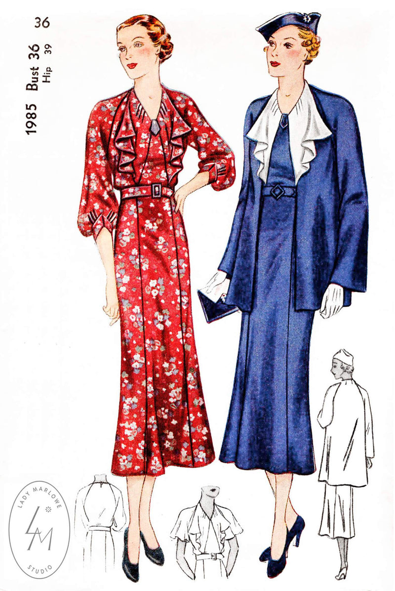 1930s 30s Simplicity 1985 art deco dress ruffle jabot flutter sleeves swagger box jacket vintage sewing pattern reproduction