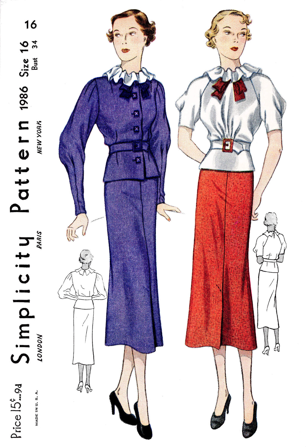 1930s 30s blouse jacket and skirt ensemble Simplicity 1986 vintage sewing pattern reproduction ruffle collar raglan sleeves