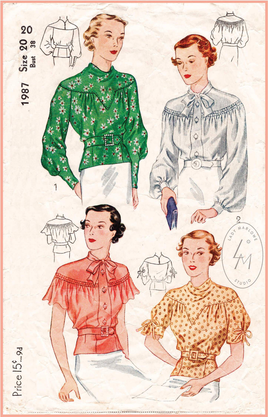 Simplicity 1987 1930s vintage sewing pattern 1930 30s blouse