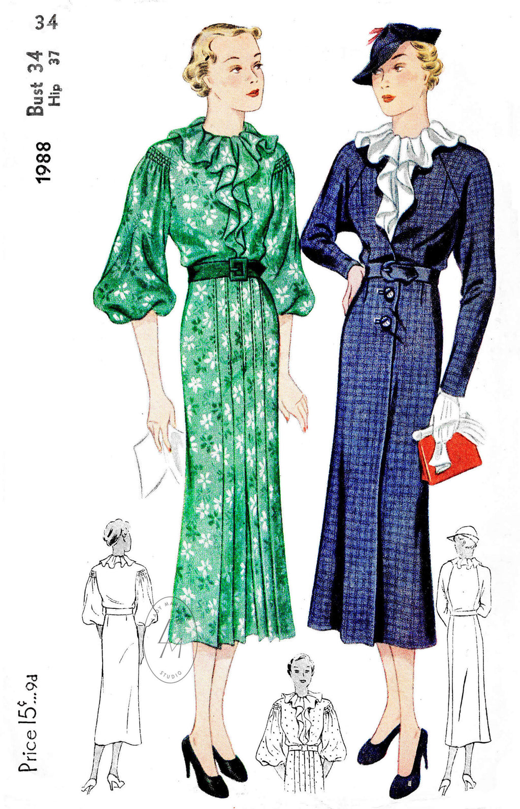 1930s 30s day dress in 2 styles Simplicity 1988 lantern or raglan sleeves knife pleat skirt vintage sewing pattern reproduction
