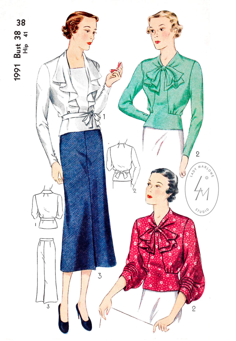 1930s 30s Simplicity 1991 set of blouses and skirt jabot collar art deco sleeves vintage sewing pattern reproduction