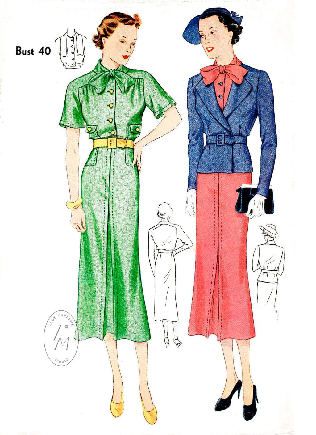 1930s 30s dress & suit jacket Simplicity 1993 bow collar saddle sleeves vintage sewing pattern reproduction