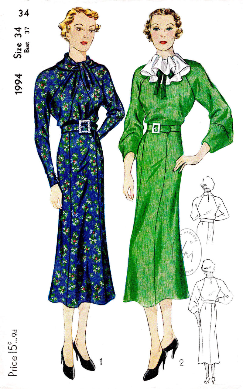 1930s 30s day dress Simplicity 1994 twist collar or jabot ruffle collar raglan sleeves vintage sewing pattern