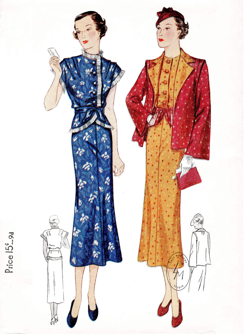 1930s 30s Simplicity 1997 blouse flared skirt box jacket 3 piece ensemble vintage sewing pattern reproduction