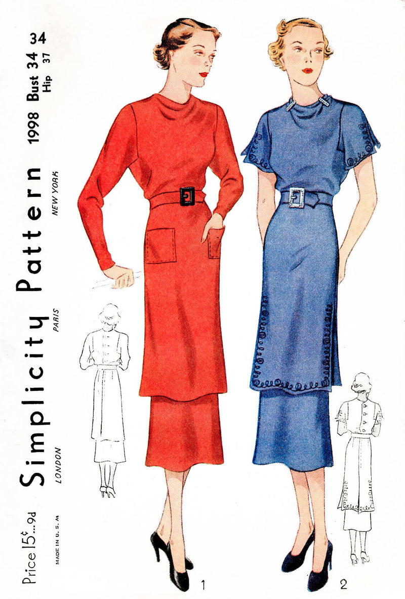 1930s 30s Simplicity tunic dress long or short slashed sleeves art deco seams vintage sewing pattern reproduction