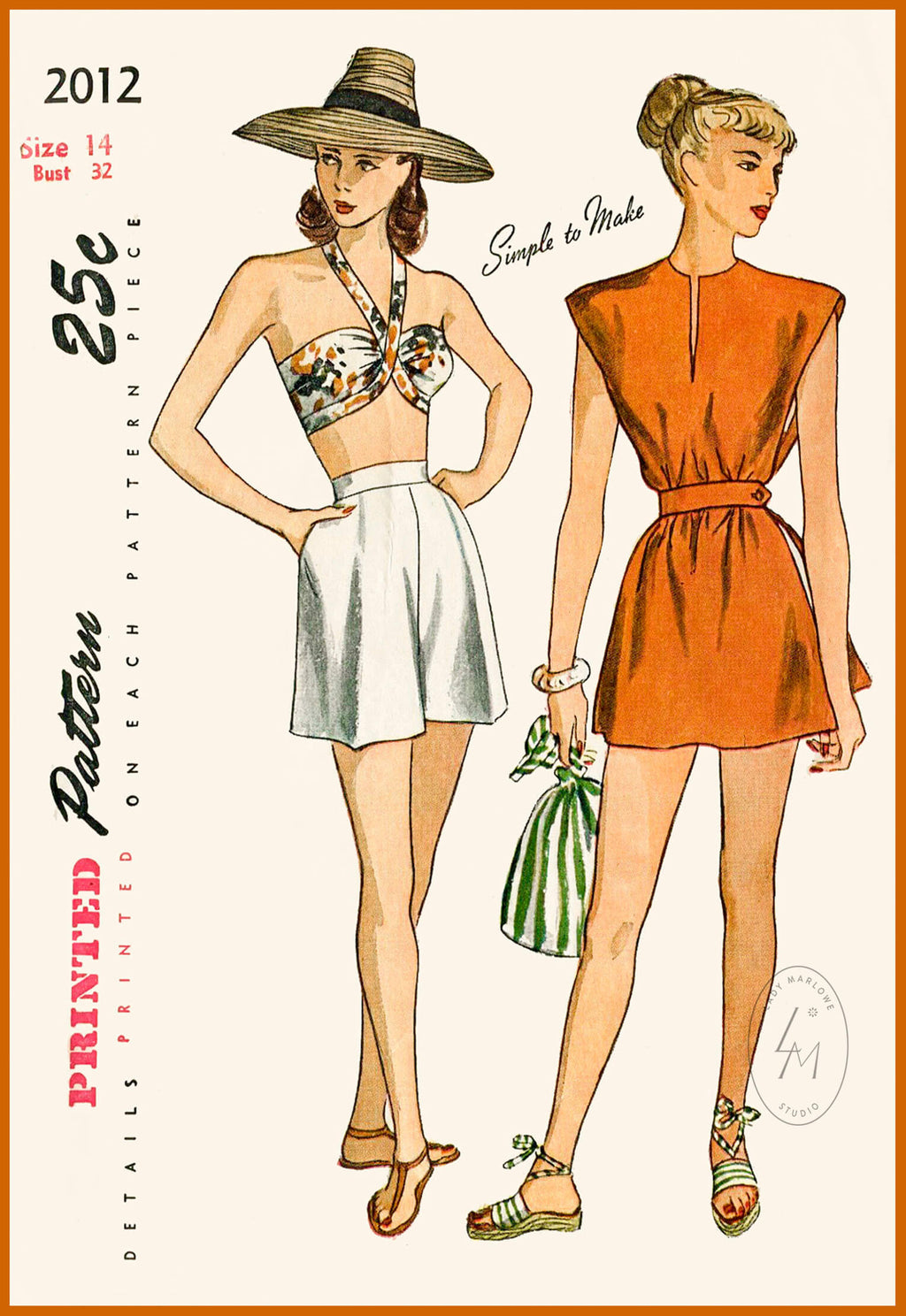 Simplicity 2012 1940s beachwear sewing pattern tunic bikini top high waist shorts