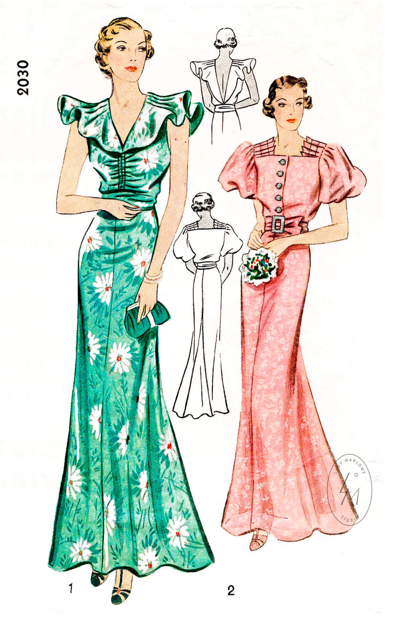 1930s 30s Simplicity 2030 evening dress frill sleeve gown puff sleeves accordion pleats vintage sewing pattern reproduction