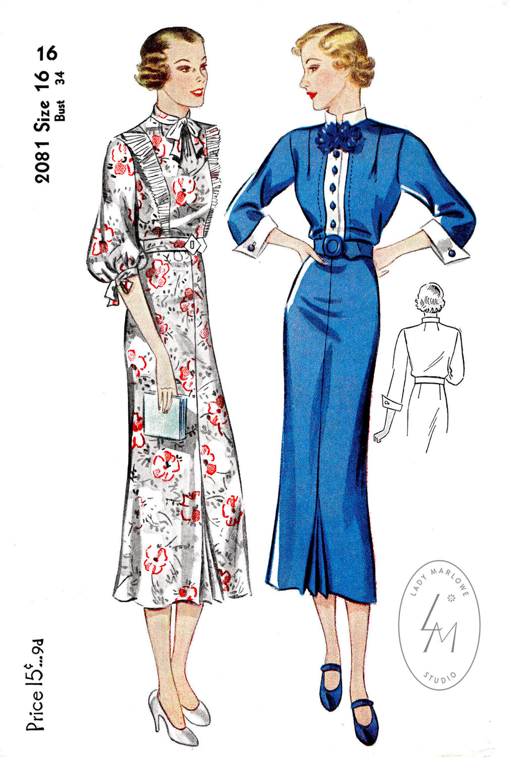 1930s 30s Simplicity 2081 art deco dress 2 styles accordion pleat trim three quarter sleeves vintage sewing pattern reproduction