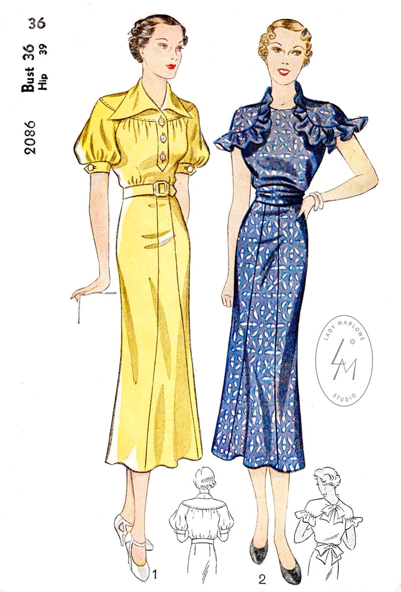 1930s 30s Simplicity 2086 ruffle cap sleeves puff sleeves dress shirring neckline vintage sewing pattern reproduction