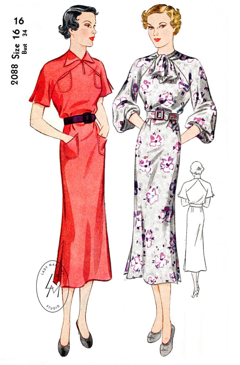1930s 30s Simplicity 2088 art deco dress in 2 styles slit sleeves raglan armhole vintage sewing pattern reproduction