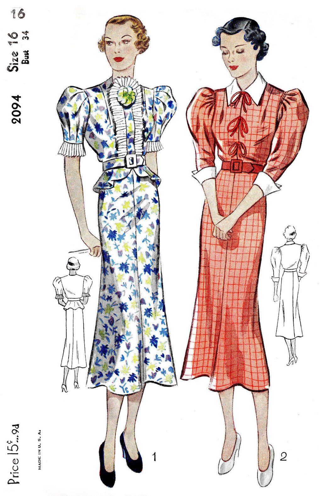 1930s 30s Simplicity 2094 art deco dress accordion pleat trim puff sleeves shoelace bows vintage sewing pattern reproduction