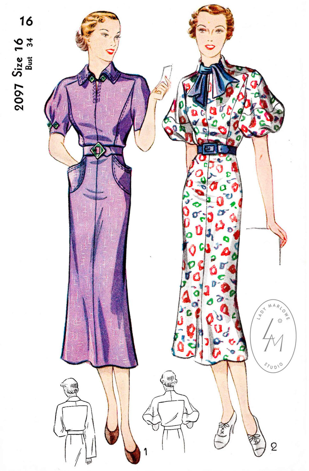 1930s 30s Simplicity 2097 art deco dress in 2 style puff sleeves turn collar scarf collar vintage sewing pattern reproduction