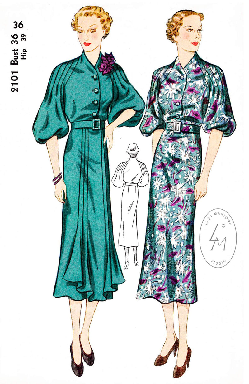 1930s 30s Simplicity 2101 bishop sleeves art deco dress vintage sewing pattern reproduction