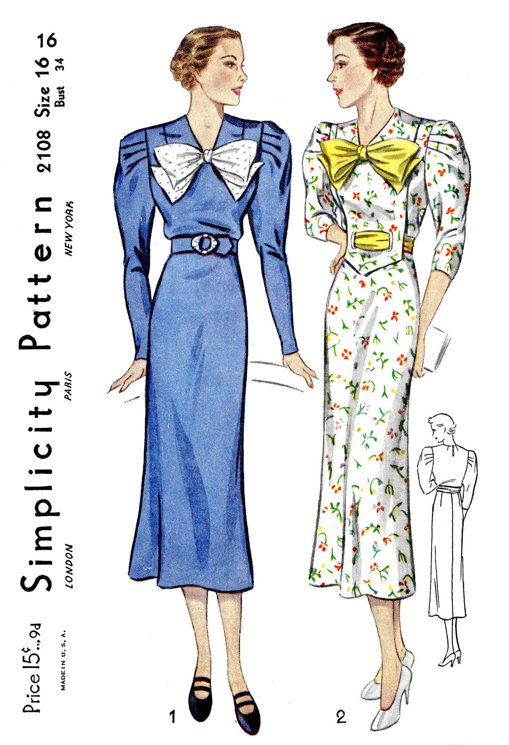 1930s 30s day dress Simplicity 2108 leg of mutton sleeves bow neckline vintage sewing pattern reproduction