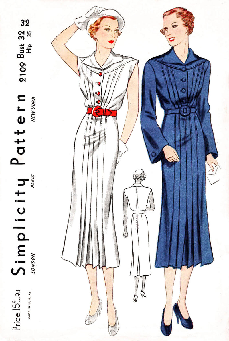 1930s dress Simplicity 2109 pleats bell shaped sleeves vintage sewing pattern reproduction